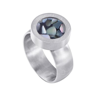Quiges RVS Schroefsysteem Ring Zilverkleurig Mat 16mm met Verwisselbare Grijze Vlokjes Schelp 12mm Mini Munt