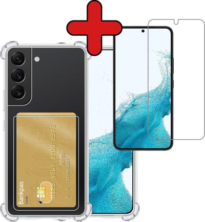 Hoesje - Geschikt voor Samsung Galaxy S22 - Met Screenprotector - Pashouder - Kaarthouder - Back Cover - Telefoon Hoes Shockproof - Siliconen Case - Shock Proof - Pasjes Houder - Telefoonhoes - Transparant
