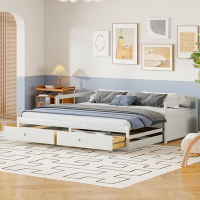 DESMIU Uitschuifbaar Slaapbankbed 90x200 cm – Naar 180x200 cm Tweepersoonsbed – Met 2 Opbergladen – Voor Logeerkamer En Studio – Hout – Wit – Zonder Matras