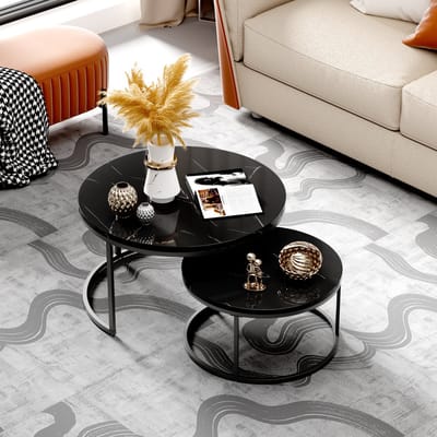 HAUSS SPOLE Salontafel rond - Set van 2 - Zwart Hoogglans marmer look Steen - Ronde salontafel Bijzettafel - Stevig En Stijlvol -Woonkamer - 80x80/60x60cm - Zwart Metalen Frame- Zwart