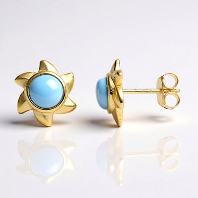 Cavill - Elegante Oorbellen 925 Sterling Zilver Verguld - Blauwe Larimar 2,56 ct - Ronde Cabochon 5,5 mm - Bloemdesign - Dames Sieraden