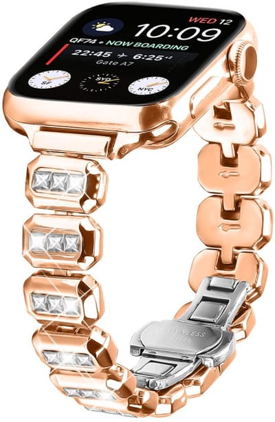 RVS bandje met glittersteentjes - geschikt voor Apple Watch 1/2/3/4/5/6/7/8/9/10/11/ SE (1,2,3) met maat 38 mm / 40 mm / 41 mm en 42 mm (Watch 10/11) - stalen band met vlindersluiting - rosegoud