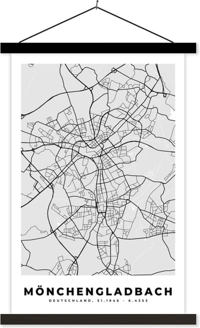 Posterhanger incl. Poster 40x60 cm - Schoolplaat - Stadskaart - Duitsland - Plattegrond - Mönchengaldbach - Kaart - Textielposter - Zwarte latten - Stadskaart