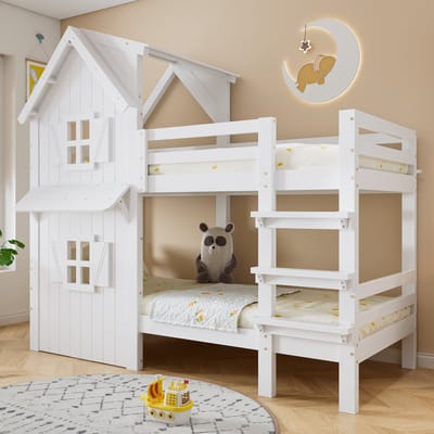 DESMIU Stapelbed 90x200 cm – Kinderbed Met Dak En Ramen – Rechte Drieladder En Veiligheidshek – Voor Kinderkamer – Hout En MDF – Wit – Zonder Matras