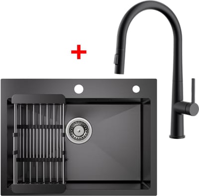 CECIPA max Handgemaakte RVS Spoelbak - Met keukenkraan met uittrekbare uitloop - Spoelbak Antraciet 60x45CM - Spoelbak Keuken Met Afdruiprek - Met Kraangat - RVS Gootsteen Met Afdruiprek