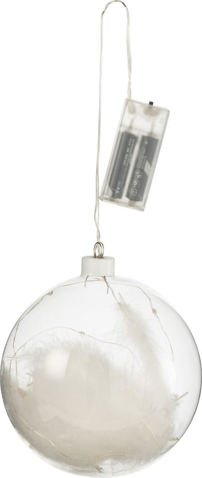 J-Line decoratie Bal Pluimen - glas - wit - large - 6 stuks - LED lichtjes