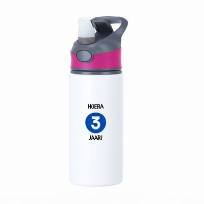 Hacebo® - Hoera 3 jaar waterfles met rietje roze - Verjaardag - Jarigen - Verjaardagscadeau - peuter - Happy birthday - water fles - 650ML