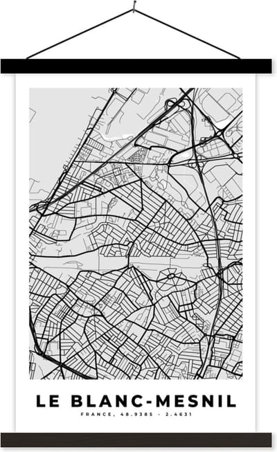 Posterhanger incl. Poster 40x60 cm - Schoolplaat - Kaart - Stadskaart - Frankrijk - Le Blanc-Mesnil - Plattegrond - Textielposter - Zwarte latten - Stadskaart