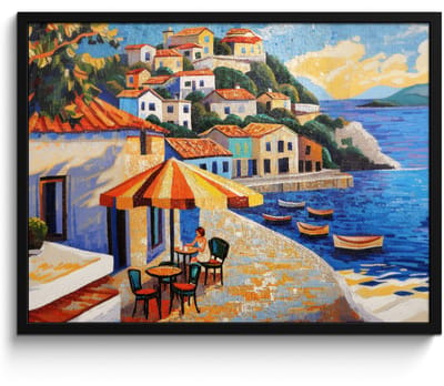 Poster in lijst - Fotolijst 70x50 cm - Posters - Kustdorp - Huisjes - Mozaïek - Zee - Posterlijst zwart - Decoratie - Wanddecoratie woonkamer - Muurdecoratie slaapkamer