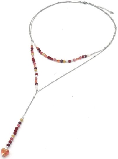 Ketting met Steentjes - RVS - Lengte 39-44 cm - Zilverkleurig en Rood
