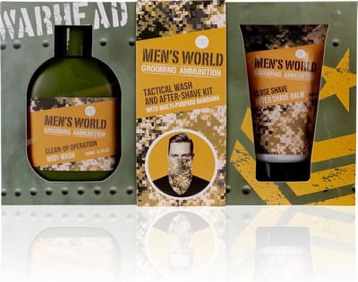 Giftset man - MEN'S WORLD - After shave Balsem, Body wash en een Stoere Bandana - Oak & Amber geur - Cadeaupakket mannen, vriend, papa, broer, vader