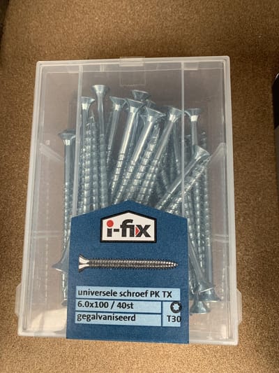 Houtschroef 6.0mm. Dik x 100mm. Lang. platkop-torx-30. Verzinkt. 40 stuks Spaanplaatschroef. ifix.
