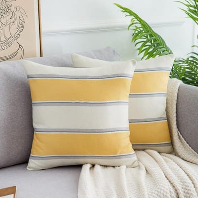 Set van 2 Kussenslopen van Linnen met Moderne Strepen voor Sofa, Tuin en Bed - 45 x 45 cm Geel, Perfect voor Woondecoratie en Comfort