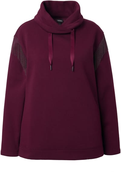Ulla Popken - Dames - Sweatshirt kettingfranjes opstaande kraag lange mouwen - Donker wijnrood - Maat 42+