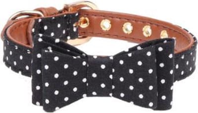 Halsband Hond - verstelbaar - leiband motief - katoen - stevig - huisdieren - stippen - strikje - 22 tot 28cm - maat S - donkerblauw