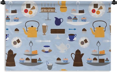 Wandkleed - Wanddoek - Patronen - Cupcake - Theepot - Thee - 90x60 cm - Wandtapijt