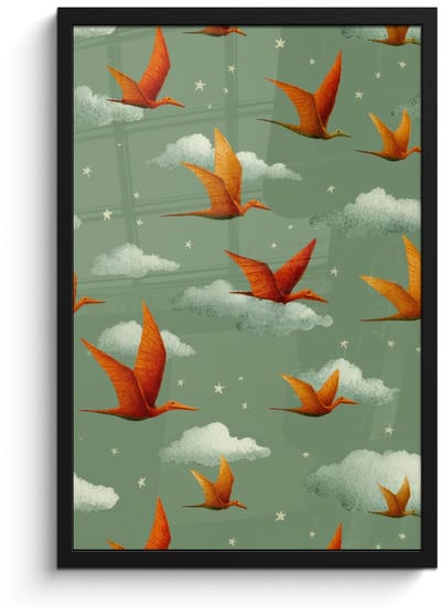 Poster in lijst - Fotolijst 40x60 cm - Posters - Dinosaurussen - Wolken - Sterren - Oranje - Posterlijst zwart - Decoratie - Wanddecoratie woonkamer - Muurdecoratie slaapkamer