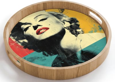 Dienblad rond 40x40 cm - Schootdienblad hout - Vrouw - Rode lippen - Abstracte kleurvlakken - Popartuistraling - Borrelplank rechthoek - Plateau houten dienbladen