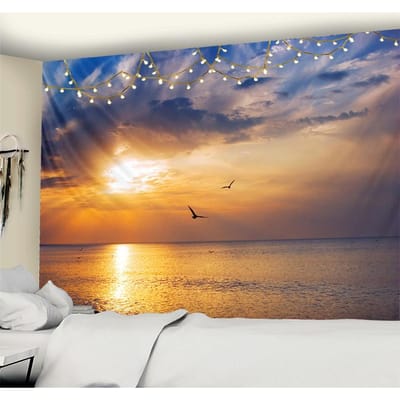 Tapisserie murale représentant un coucher de soleil, une mouette, un paysage marin, un ciel, des dortoirs hippies et bohèmes, décorée avec un tissu de fond en polyester 95x70CM beige