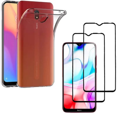 Hoesje Ultraslank geschikt voor Xiaomi Redmi 8a backcover siliconen Transparant en 2 stuks ScreenProtector Gehard Glas met zwarte randen