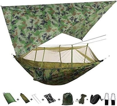 Hangmat met luifel - Kampeeruitrusting - Buiten ontspannen - Ingebouwde klamboe - 260 x 140 cm - Camouflage