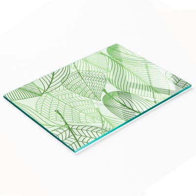 Decoratieve snijplank van gehard glas met bladmotief, 80x52 cm