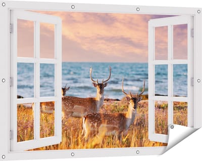 Gards Tuinposter Doorkijk Drie Herten aan de Zee tijdens Zonsondergang - 120x80 cm - Tuindoek - Tuindecoratie - Wanddecoratie buiten - Tuinschilderij