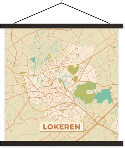 Posterhanger incl. Poster 60x60 cm - Schoolplaat - Kaart - Vintage - Stadskaart - Plattegrond - Lokeren - Textielposter - Zwarte latten - Stadskaart