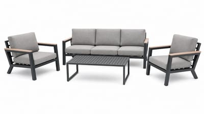 Vita - Emerson loungeset - antraciet - 4-delig - met teak look arm - met steldopjes - onderhoudsarm - met olefin kussens - 2 jaar garantie - dubbel gepoederd coat aluminium - grijs/licht bruin kussens
