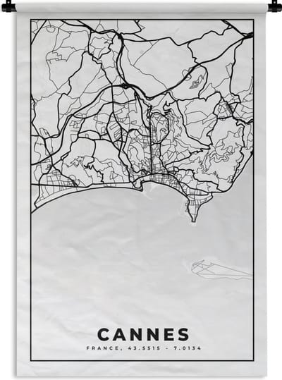 Wandkleed - Wanddoek - Kaart - Plattegrond - Cannes - Frankrijk - Stadskaart - Zwart wit - 120x180 cm - Wandtapijt