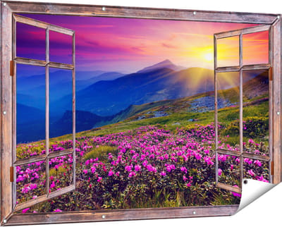Gards Tuinposter Doorkijk Roze Rhododendron Bloemenveld - Bergen - 150x100 cm - Tuindoek - Tuindecoratie - Wanddecoratie buiten - Tuinschilderij