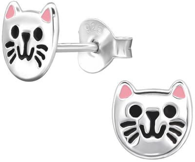 Joy|S - Zilveren kat poes oorbellen - zilver gepolijst met roze oortjes en zwarte accentjes - 6.5 mm - oorknoppen - kinderoorbellen