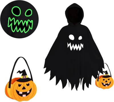 Unisex Kinder Kostuum met Verlichte Geest Cape en Pompoentas voor Halloween Feest en Carnavalsvieringen