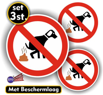 Jerma - Hier Geen Honden Uitlaten - Sticker - 3 st. - 1x Ø 14 cm - 2x Ø 10 cm - Weerbestendig - Vinyl