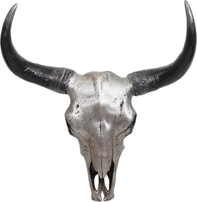 Decoratief Beeld - Schedel Stier Longhoorn - Polyresin - Brulo - Zilver - 15 X 42 Cm