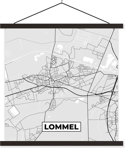 Posterhanger incl. Poster 60x60 cm - Schoolplaat - Stadskaart – Plattegrond – België – Zwart Wit – Lommel – Kaart - Textielposter - Zwarte latten - Stadskaart