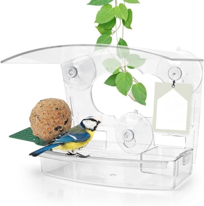 Famanu – 3-in-1 venstervoederhuis voor vogels - transparant en weerbestendig - vogelhuis met mezenbolhouder - fruithouder en vogelbad - vogelvoederhuis voor wilde vogels