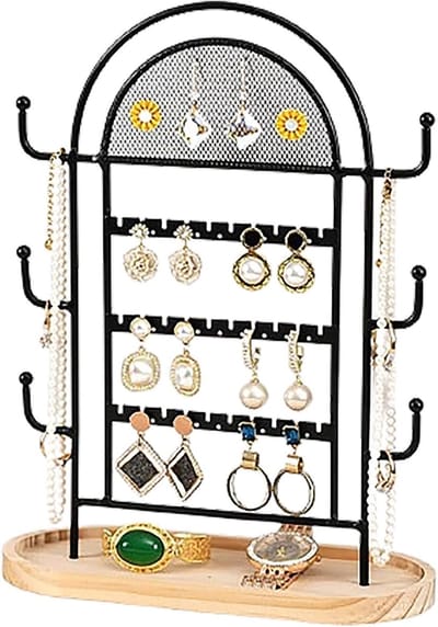 Sieradenhouder Organisator - Displayrek Sieraden - Sieraden Presenteren - IJzeren Frame Houten Basis - 32 x 23 x 3 cm