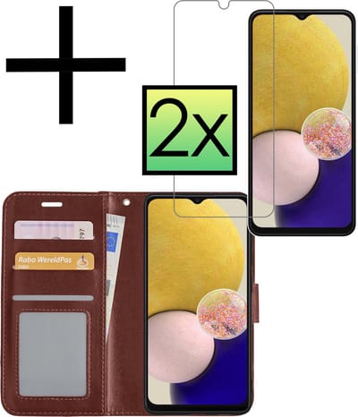 Hoesje - Met 2x Screenprotector - Geschikt voor Samsung Galaxy A13 5G - Luxe Pasjeshouder - Bookcase Portemonee - Flip Case - Kunstleer Book Case - Flipcase Hoes - Book Cover - Walletcase - Portemonneehoes - Bruin