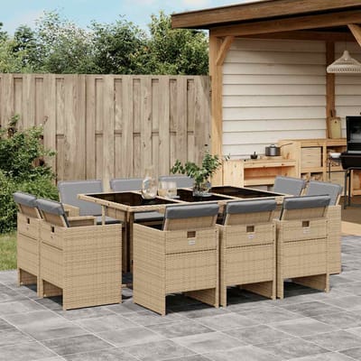 vidaXL - 11-delige - Tuinset - met - kussens - poly - rattan - gemengd - beige