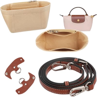 Handige mini tas organizer met verstelbare schouderband, beige vilt, 3 vakken en bruine PU accessoires voor optimale organisatie