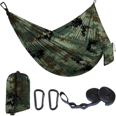 Kampeerhangmat - Reishangmat met banden - 1 stuk - Draagbare, ademende hangmat - Geschikt voor tuin, buiten, backpacken, reizen - Buitenhangmat met parachutestof - Enkel, dubbel, kamperen, fietsen, binnen, vrijetijdshangmat - 270 x 140 cm
