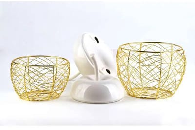 Appel - Decoratieve Mand met deksel - Goud/Wit - Keramiek/Metaal - L24xB16xH17 cm