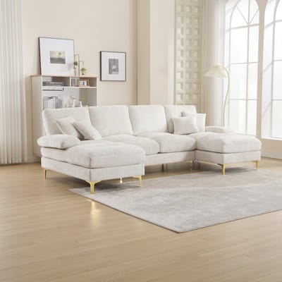 Sweiko Gestoffeerde Sectionele bank, Moderne Grote U-vormige sectionele bank in chenille stof met zeer veerkrachtige schuimvulling, Beige