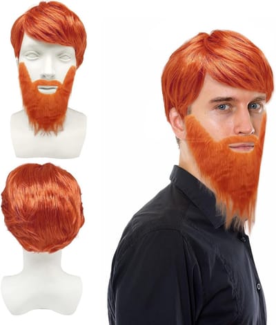 Twee Stuks Mannen Perücke met Grote Baard - Korte Oranje Rockperücke voor Feest, Carnaval en Halloween Kostuums