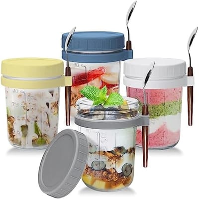 PromoHome Glazen Muesli en Yoghurt Potten Set van 4 Stuks met Lekdichte Deksels en Roestvrijstalen Lepels - 350ml Overnight Oats Containers voor Ontbijt, Salade en Meal Prep - BPA Vrij en Vaatwasserbestendig