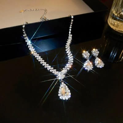 3 Stuks Modieuze Dames Waterdruppel Kettingen en Oorbellen Set Voor Trouwseizoen, Banket en Feest Accessoires-2910