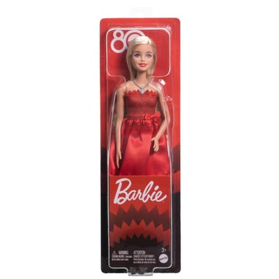 Barbie Mattel 80-Jubileum Modepop – Robijnrode Jurk & Zilveren Accenten
