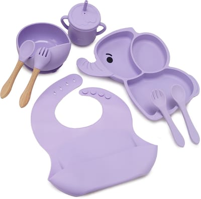 Eurocatch Baby Servies Set 8-delig Siliconen - Olifantenthema - Zuignapbord en Anti-lek Beker - Vaatwasser en Ovenbestendig - BPA-vrij - Olifant - Lila