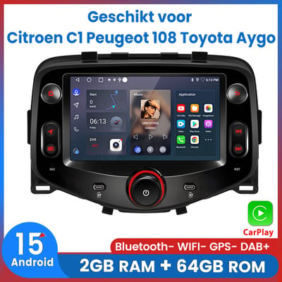 Awesafe Autoradio - Geschikt Voor Toyota Aygo / Citroen C1 / Peugeot 108 - RAM 2GB + ROM 64GB 4Core - Draadloos CarPlay & Android Auto - Android 15.0 Systeem - Bluetooth & WiFi - GPS Navigatie